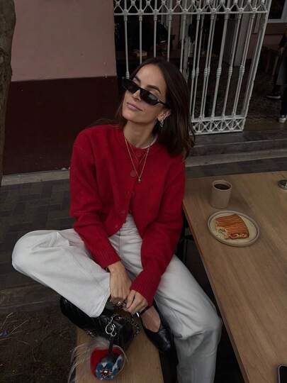 كارديجان كاجوال فضفاض لموسم الخريف/الشتاء من VIBEWAVE، كنزة صوفية صوفية كبيرة الحجم باللون الأحمر للنساء