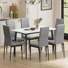 Dining Table And Chairs Set Of 6, 120CM Marble Effect Dining Table With 6 Faux Leather High Back Dining Chairs,Modern Dining Table Set For Home/Kitchen Office - White Table and 6 Grey Chairs - View 4