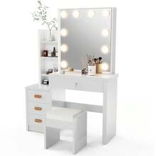 Dressing Table With Mirror And Lighting, Makeup Dressing Tables With 4 Drawers, 4 Open Shelves For Bedroom, Dressing Table Set With Lights And Stool 3 Concealed Shelves - White - View 11