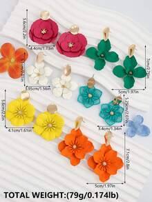 6对时尚优雅夸张花卉彩色吊坠耳环 - 彩色 - 查看 5