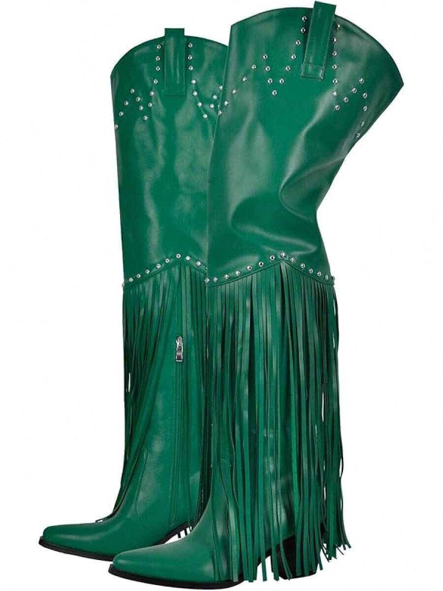 Richealnini Fringe Thigh High Boots With Tassels Wide Calf Over Knee Western Cowboy BootsChristmas - 綠色 - 查看 1