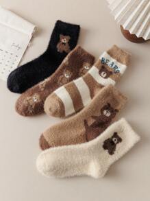 1/3/5 Pairs Random Delivery Women's Colorful Plush Bear Pattern Comfortable Thickened Warm Crew Socks For Home, Cozy - Multicolor - View 16