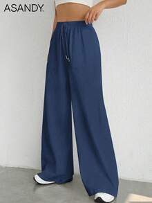 2pcs/Set Casual Wide Leg Pants, Loose Drawstring Waist Solid Color Wide Leg Long Pants - Multicolor - View 5