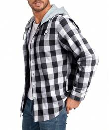 Mens Flannel Hoodie Shirts Long Sleeve Casual Plaid Jackets - White and Black - View 1