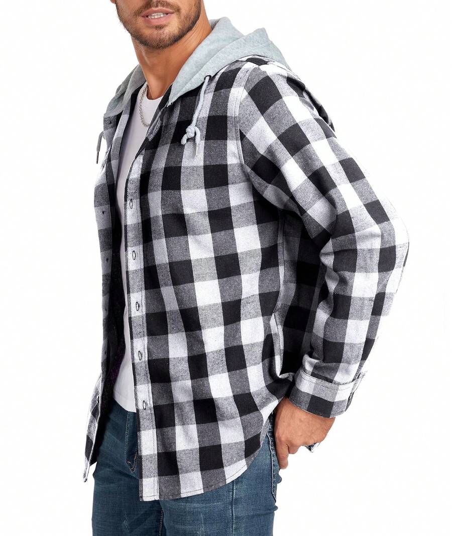 Mens Flannel Hoodie Shirts Long Sleeve Casual Plaid Jackets - White and Black - View 1