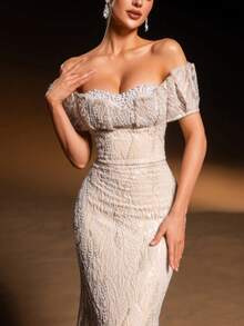 Faeriesty Haute Glamour Elegant Sparkly Sequin Maxi Off-Shoulder Evening Gown With Sparkling Crystal-Beaded Accents For Red Carpet Events, Luxury Weddings, Black-Tie Gala Dinners, And Editorial-Ready Fashion Show Outs For Women - Màu be - Xem 6