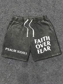 290g Washed, Faith Beyond Fear Printed Shorts, High-Quality Batik Cotton Men's Shorts, Suitable For Daily Wear, Adjustable Drawstring Waist Circumference, Elastic Waistband And Pocket, Holiday Gift, Men's Wear - 深灰色 - 查看 1