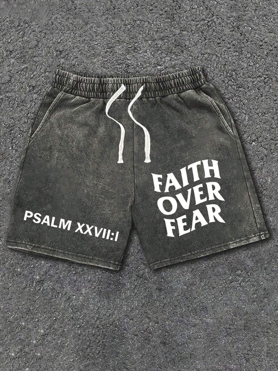 290g Washed, Faith Beyond Fear Printed Shorts, High-Quality Batik Cotton Men's Shorts, Suitable For Daily Wear, Adjustable Drawstring Waist Circumference, Elastic Waistband And Pocket, Holiday Gift, Men's Wear - 深灰色 - 查看 1