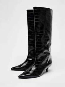 SHEIN ICON Fall/Winter 2025 Summer New Pointed Toe High Heel Thigh High Boots, Button Patchwork Reversible Design For Women - Black - View 1