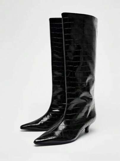 SHEIN ICON Höst/vinter 2025 Sommar Nya Spetsiga Tå Höga Klackar Lårhöga Stövlar, Knapplappsdesign Vändbar Design För Damer