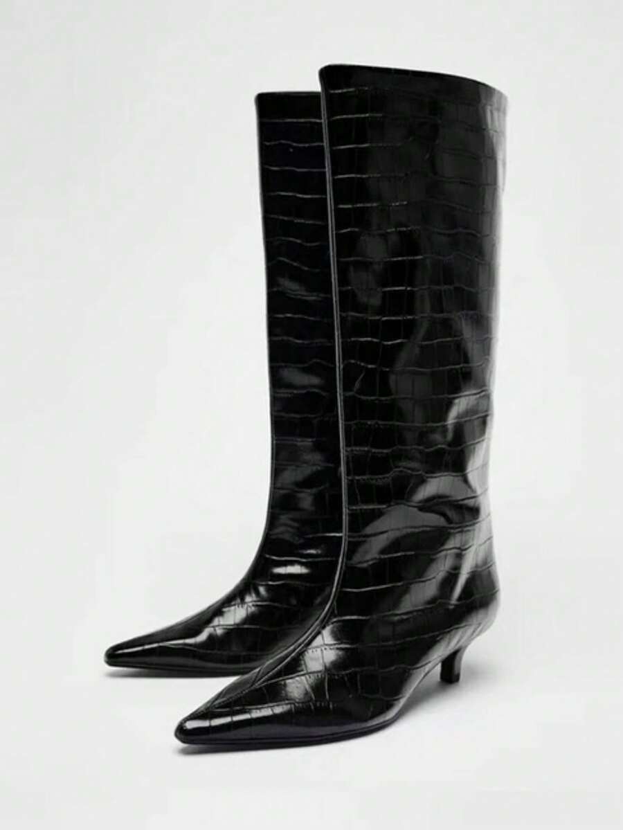 SHEIN ICON Fall/Winter 2025 Summer New Pointed Toe High Heel Thigh High Boots, Button Patchwork Reversible Design For Women - Black - View 1