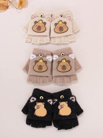 1 par de luvas infantis de pelúcia fofas e quentes, grossas, com meio dedo, estilo flip-top, para inverno