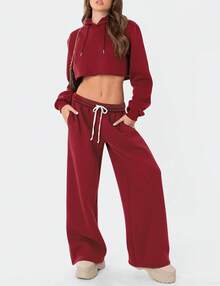 Women's Fleece Lined Wide Leg Thermal Winter Warm Baggy Sweatpants With Pockets - 紅色 - 查看 6