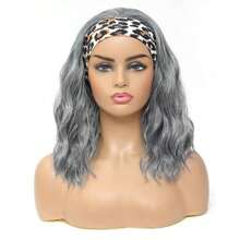 QY Grey Headband Wig Short Wavy Headband Wigs For  Natural Curly Wigs With Headband Shoulder Length Wigs Grey Color 14 Inch Glueless Wigs For Daily Wear 6805