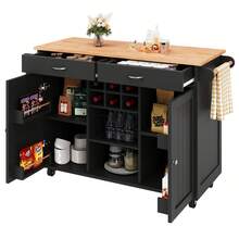 Modern Kitchen Island With Dining Table (102x45x92 Cm) – Multifunctional Kitchen Cabinet & Sideboard With Wood Grain – Black, Large Storage Space - Black - View 11