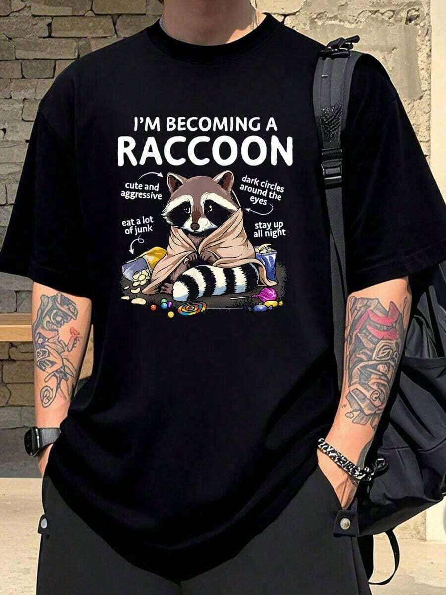 42\Raccoon Shirt Becoming A Raccoon Trash Panda Funny Racoon-Shirt   Copy.Jpg Men's-Shirt Graphic Tees Crop Tops Outfits Tops-Shirt - 黑色 - 查看 1