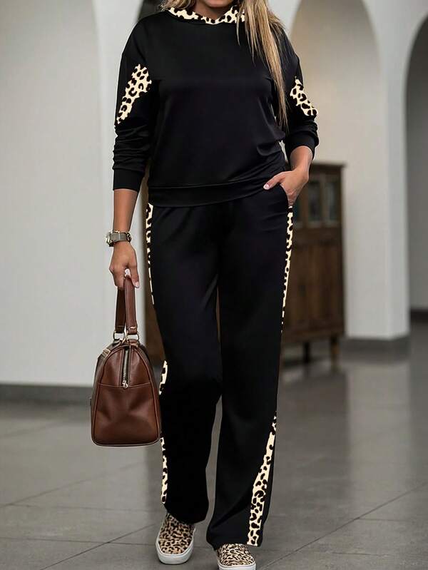 2pcs Women's Leopard Print Long Sleeve Hoodie Sweatshirt + High Waist Casual Pants Set, Sporty Outfit For Autumn/Winter