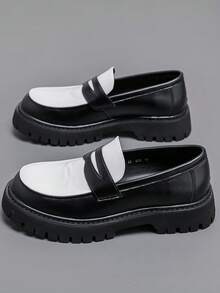 2025 New Men's Formal Slip-On Loafers [ Street Style], Black & White Patchwork Thick Sole Loafers, British Style Slip-On + Premium Leather Patchwork, Unique Serrated Outsole For Height Increase & Slimming, Suitable For Casual, Business And Various Styles