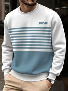 男士条纹印花圆领修身长袖卫衣，白色，春秋季上衣 - 白色 - 查看 1