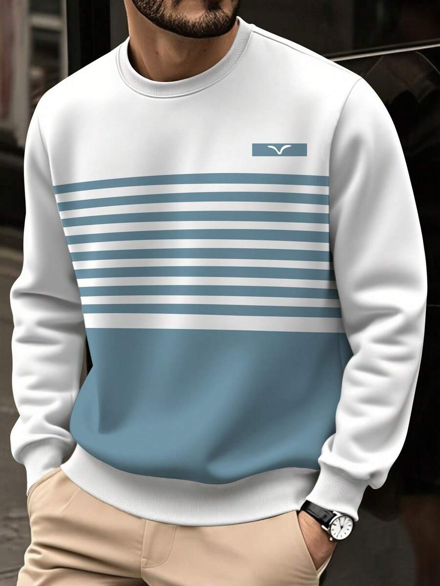 男士条纹印花圆领修身长袖卫衣，白色，春秋季上衣 - 白色 - 查看 1