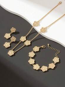 4件套幸运花造型合金首饰套装，时尚女士礼物，能量疗愈水晶手链，适合日常佩戴，是送给女友、妻子或伴侣的理想礼物