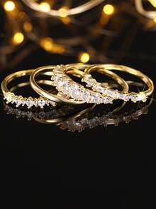 4pcs/Set Minimalist Style Stacking Rings 14k Gold Plated Paved Shining Zirconia Engagement / Wedding Ring Evening Party Decor Luxury Jewelry - Gold - View 5