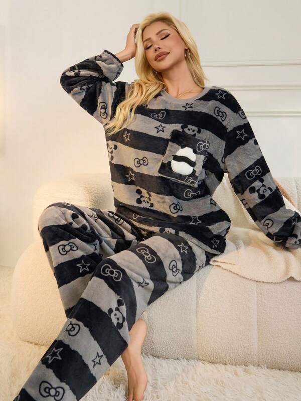 2pcs Set Gray Striped Flannel Fluffy Pajamas With Panda Pattern, Loungewear Set, Fall Winter Clothes