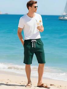 Mens Casual Shorts Drawstring Summer Sports Shorts Geometric Texture Casual Beach Shorts With Pockets - Greener - 查看 10