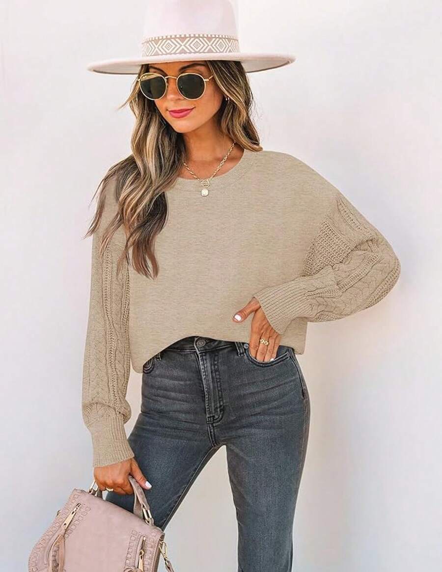 Women's 2025 Fall Long Sleeve Crew Neck Solid Color Knit Chunky Casual Oversized Pullover Sweater Tops - 麥片 - 查看 1