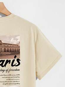 YUNCHIC Men's Casual Modern Style Graphic Print Khaki T-Shirt, Loose Fit Versatile, Minimalist Ins Style, Suitable For Summer, T-Shirt Essential - Khaki - View 3