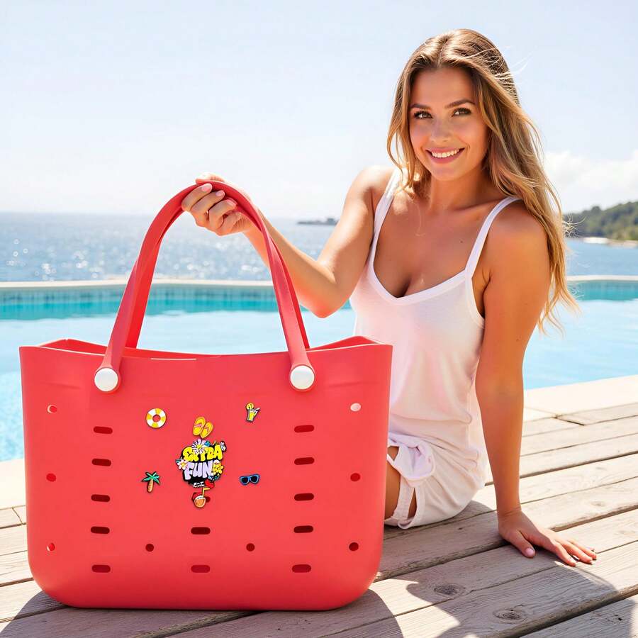Multi-Size Rubber Women's Beach Bag, EVA Waterproof And Durable Shoulder Tote Bag, Fashionable And Casual, A Lightweight Handbag And Shopping Bag With Multiple Colors Available, Suitable For Beach, Swimming Pool, Vacation Travel - Large/Medium/Small - 彩色 - 查看 1