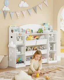 HaluPeit Librería infantil de madera con 8 cajones de tela para habitación infantil, salón, estudio, color blanco 30 x 140 x 104 cm - Blanco - Ver 1