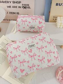 Pink Bow Pattern Cosmetics Storage Bag Large Capacity Travel Toiletry Bag Lovely Heart Print Makeup Bag Foam Quilted Travel Essentials Organizer Bag Cute Ribbon Bow Print Makeup Pouch Soft Fabric Skincare Storage Bag Small Items Storage Bag Soft Fabric Home Items Storage Bag Portable Cosmetics Organizer Bag With Zipper Make Up Holder Brush Bag - Pink - View 17