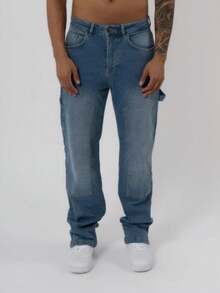 Vintage Washed Loose Straight Leg Jeans For Men, Minimalist Versatile - Medium Wash - View 3