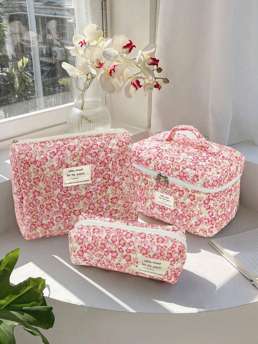 3pcs/1pc Printed Quilted Cosmetic Bag, Lightweight Travel Makeup Bag, Large Capacity Multi-Functional Cosmetic Organizer Pouch Autumn University Essentials Travel Essentials For Holiday Vacation Travel Bag For Women Makeup Organizer - Multicolor - View 1