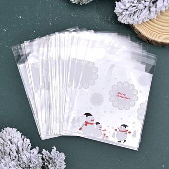 100 st julklappspåsar med snöflingor, snögubbar och trädmotiv - slitstark PVC för smycken, håraccessoarer och festgåvor