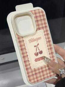 1 buc Husă de telefon la modă cu model vintage în carouri și cireșe, impermeabilă, anti-cădere, anti-alunecare, din piele moale, cu textură, compatibilă cu Apple și alte telefoane