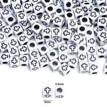 200/600Pcs 6mm Square/7mm Flat Round Acrylic Beads Cross Pattern Beads Loose Spacer Beads For Jewelry Making DIY Bracelets Accessories - 白底黑字/方形 - 查看 2