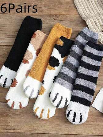 6 Pairs Mixed Color Fluffy Mid-Calf Socks For Women, Suitable For Daily Home/Office Tiger Paw Non-Slip Floor Socks, Cozy Socks