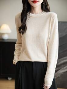 Women's Crew Neck Merino Wool T Shirt Fall Classic Vintage Cable Warm Long Sleeve Knit Tops - Beige - View 7