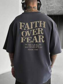 Men's Christian Short Sleeve T-Shirt "FAITH OVER FEAR" - New Fashion 2026 | Psalm 118:6 Biblical Design | Inspirational Streetwear | 100% Cotton | Unisex Fit | Ideal Gift For Christians - 灰色 - 查看 3
