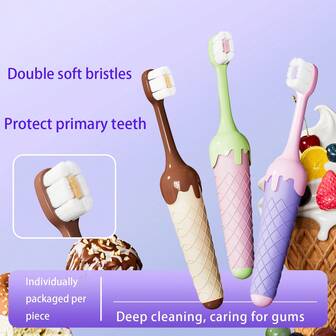 1 件冰淇淋形软毛儿童牙刷，3 种颜色，卡通可爱设计，柔软刷毛用于牙龈护理，适用于婴幼儿，防滑软橡胶手柄，握感舒适，婴儿训练牙刷，超细柔软，清洁和牙龈护理，专为乳牙和出牙期设计