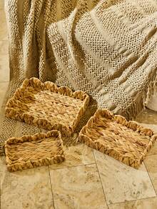 Cirelle 3 chiếc/1 chiếc Giỏ đan thủ công bằng mây, Giỏ đựng đồ hình chữ nhật bằng lục bình có cạnh hình vỏ sò, Khay mây trang trí cho bàn cà phê & đồ trang trí nội thất, Giỏ quà tặng Halloween & Giáng sinh - Màu Khaki - Xem 2