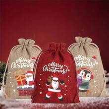 12pcs Holiday Christmas Burlap Gift Bags With Drawstring , 3.94x5.51Inch , Designed With Santa Claus And Sprites,Suitable For Jewelry, Candy, And Small Gifts,Perfect For Holiday Gatherings And Christmas Decorations, Christmas Gifts(1/12pcs)