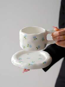 1 Set Floral Ceramic Coffee Cup & Saucer Set, Large Capacity Hand-Painted Ceramic Cup With Coaster, Heart/Flower Pattern, Vintage Style Coffee/Afternoon Tea Dinnerware, Suitable For Spring Brunch, Country Gathering, Women, Commercial Use, And Gifting - Multicolor - View 16