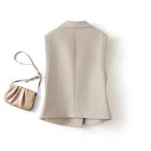 Damen Einfarbige Weste mit Kragen, Knopfleiste und Doppelreiher, ärmellose Büro-Anzugjacke