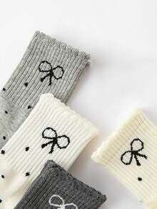 5双春秋冬儿童袜子，黑色，白色，灰色，波点，蝴蝶结袜子，百搭，休闲运动女童袜 - 彩色 - 查看 8