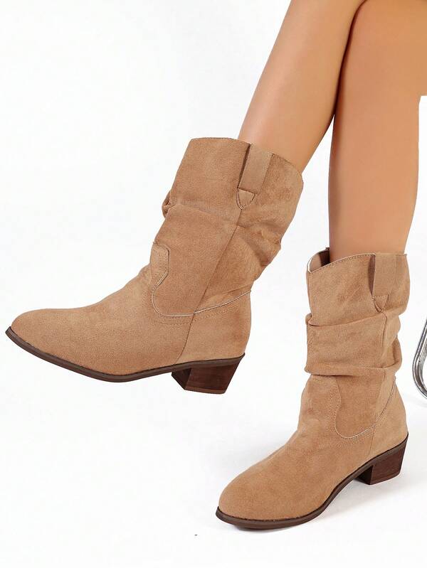 Women's Brown Pleated Chunky Heel Slouchy Mid-Calf Cowboy Boots, Autumn/Winter