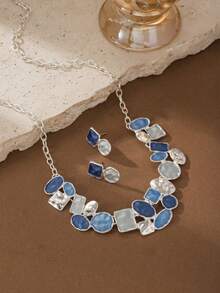 Cring Coco 夏季波西米亚风蓝色系列清新叶月牙锌合金女士耳环项链首饰套装，适合日常佩戴、派对、节日礼物 - 藍色 - 查看 12