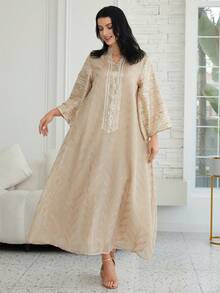 女士刺绣网纱立领亮片长袖连衣裙，优雅春季长袍 - NC92 - 查看 5